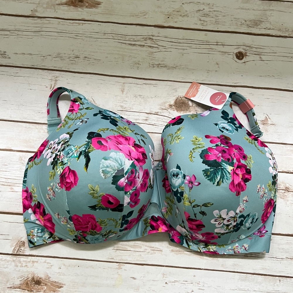 NEW Cacique Full Coverage Bra Green Pink Floral Comfort Bliss 44H